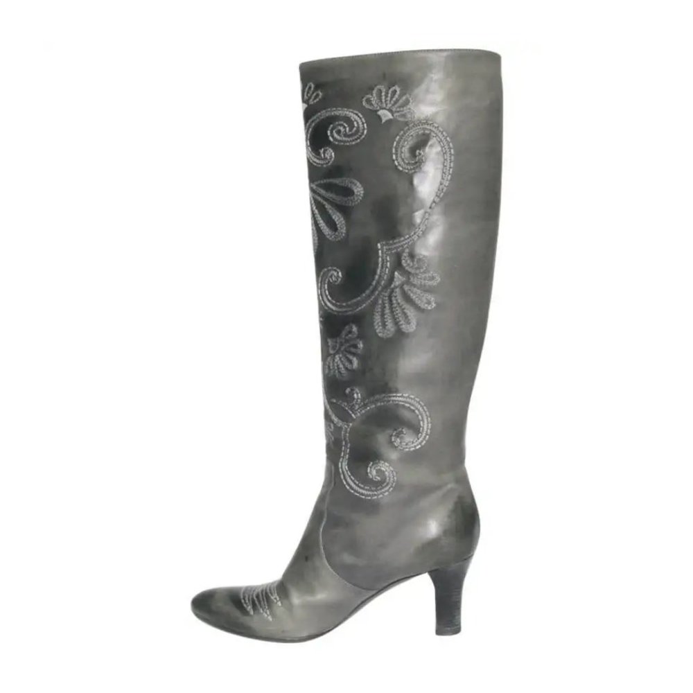 Bottega Veneta Heeled Boots in Green Leather with Embroideries Pointed Toes